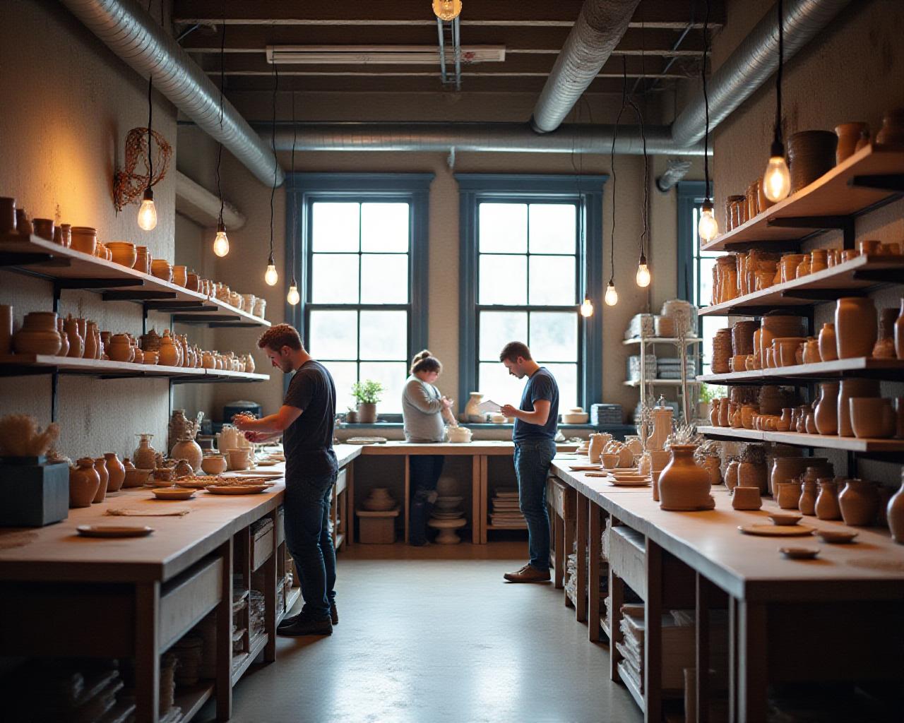 Artistic ceramic studio with finished pieces and business planning documents